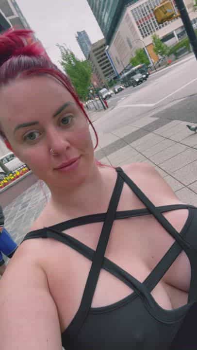 Flashing big tits &amp;amp; pussy on a busy street ☺️