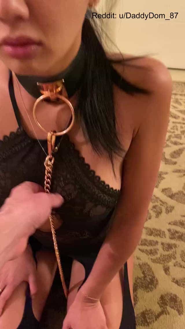 A little leash + throat training for my submissive and obedient Asian wifey. Isn’t she a good girl .