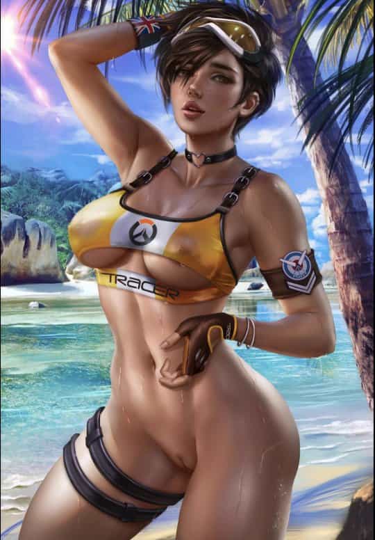 Tracer trying to hide her giant tits
